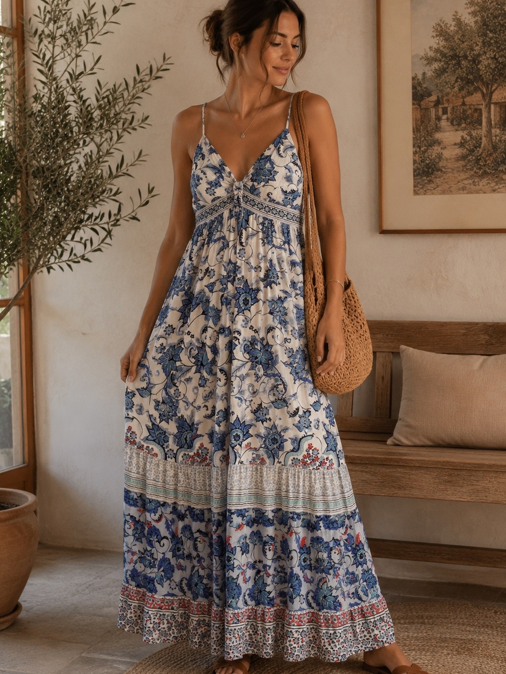 Angie Blue Floral Boho Maxi Dress Rayon Festival Cottagecore M Flowy Date Night